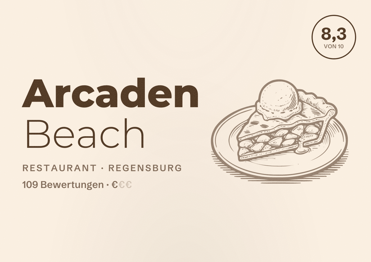 Illustriertes Poster von Arcaden Beach, Restaurant in Regensburg: Bewertung 8,3 von 10 aus 109 Bewertungen, Preisniveau €