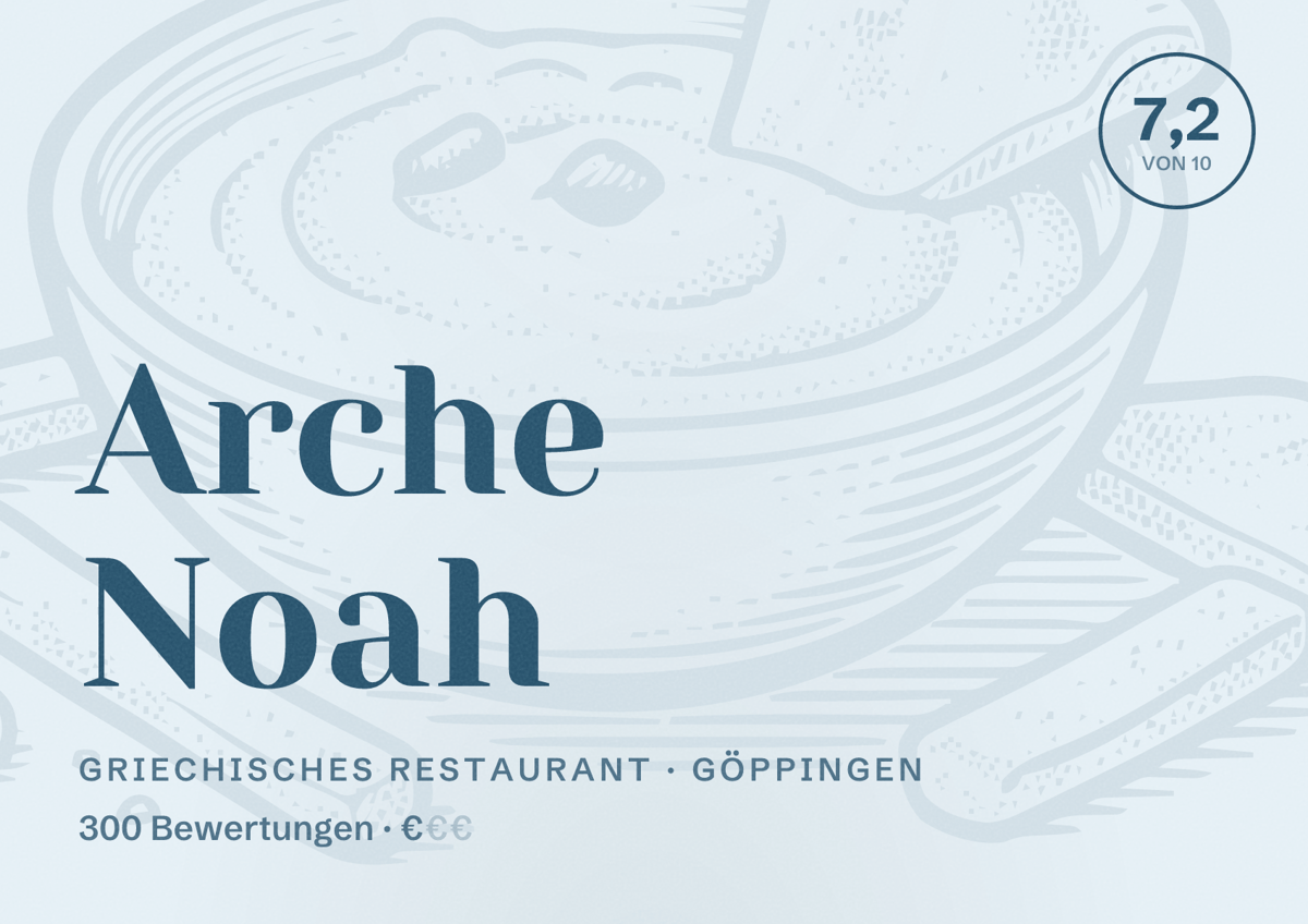 Illustriertes Poster von Arche Noah, Griechisches Restaurant in Göppingen: Bewertung 7,2 von 10 aus 300 Bewertungen, Preisniveau €