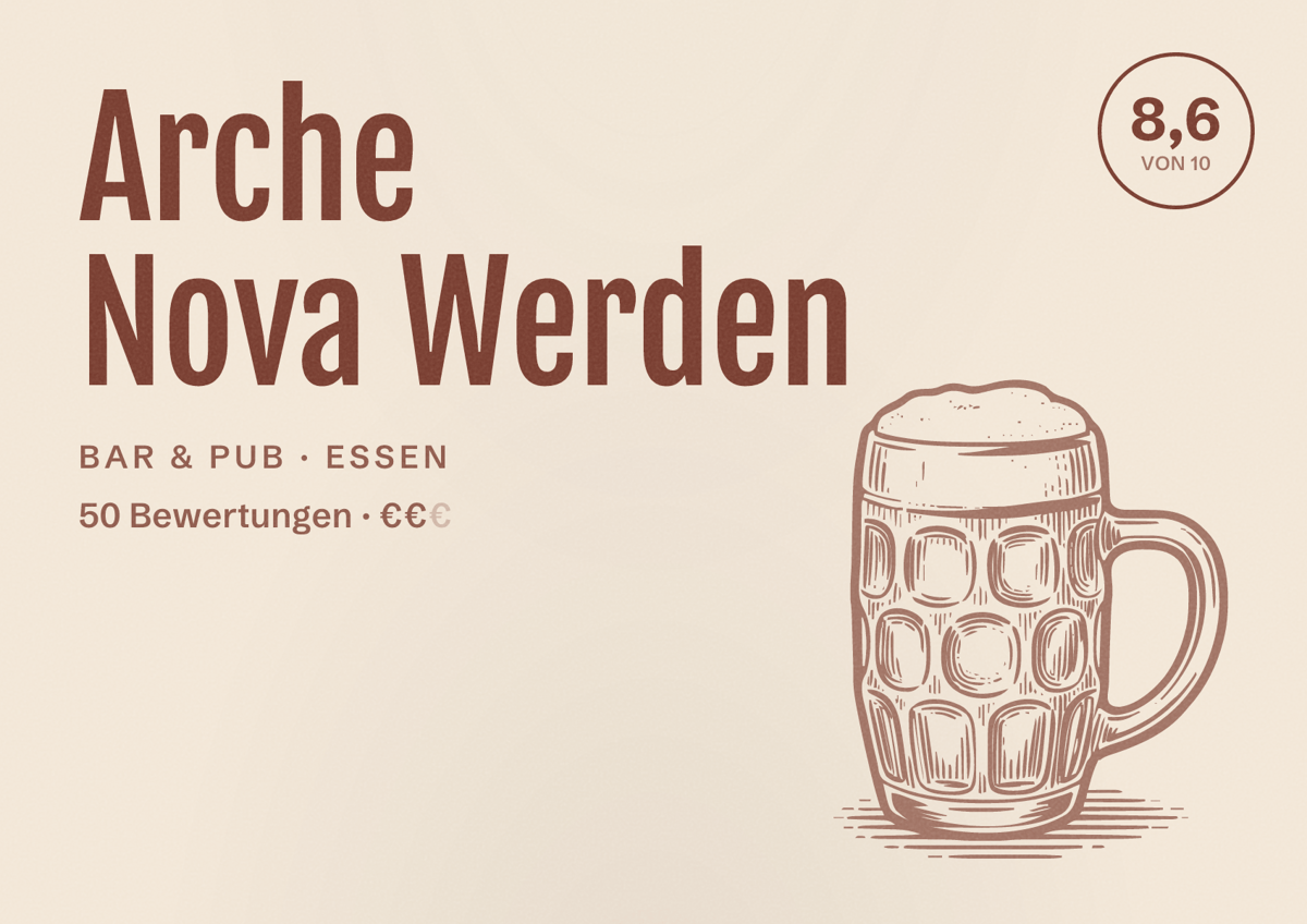 Illustriertes Poster von Arche Nova Werden, Bar & Pub in Essen: Bewertung 8,6 von 10 aus 50 Bewertungen, Preisniveau €€