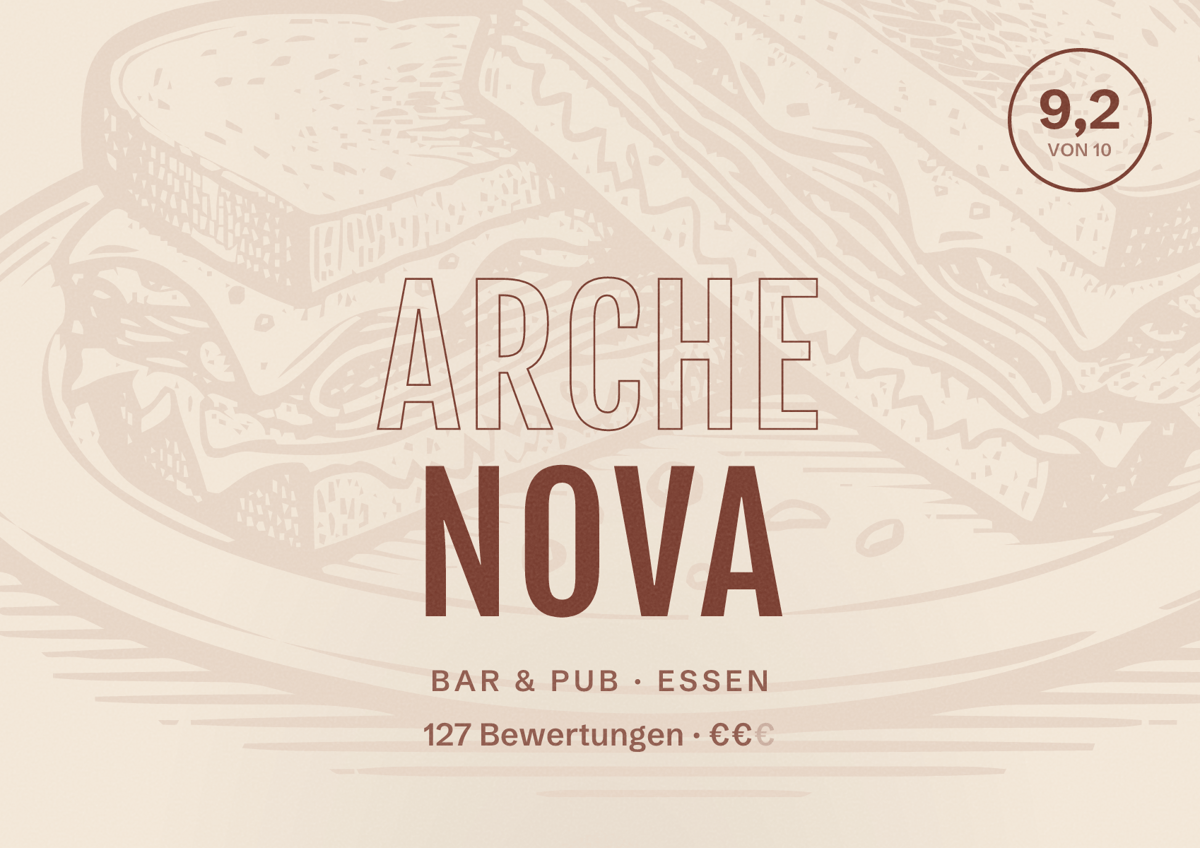 Illustriertes Poster von Arche Nova, Bar & Pub in Essen: Bewertung 9,2 von 10 aus 127 Bewertungen, Preisniveau €€
