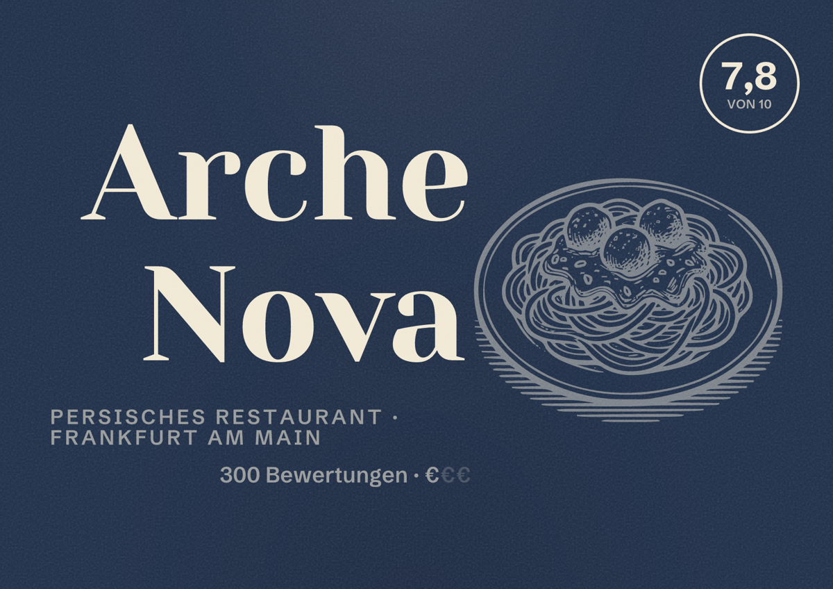 Illustriertes Poster von Arche Nova, Persisches Restaurant in Frankfurt am Main: Bewertung 7,8 von 10 aus 300 Bewertungen, Preisniveau €