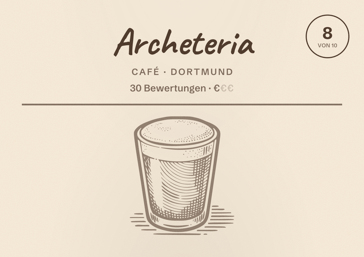 Illustriertes Poster von Archeteria, Café in Dortmund: Bewertung 8 von 10 aus 30 Bewertungen, Preisniveau €