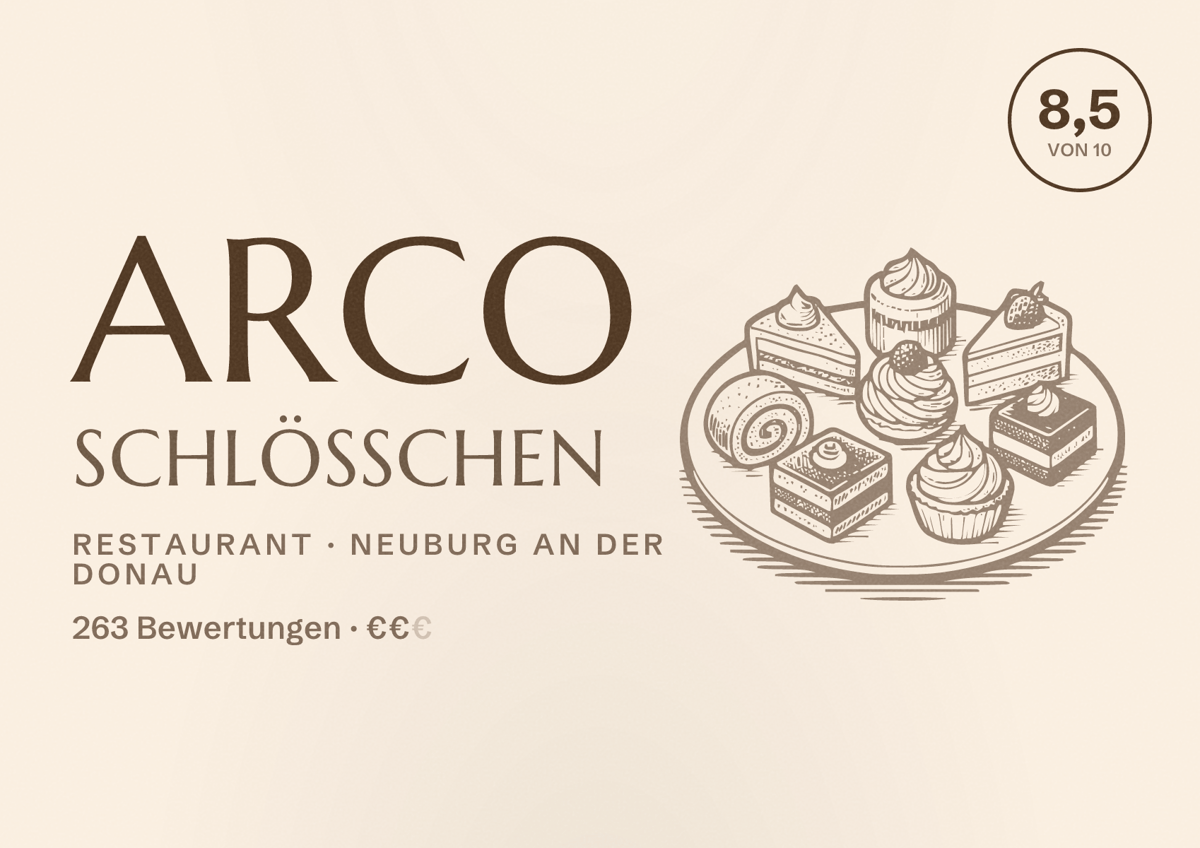 Illustriertes Poster von Arco Schlösschen, Restaurant in Neuburg an der Donau: Bewertung 8,5 von 10 aus 263 Bewertungen, Preisniveau €€