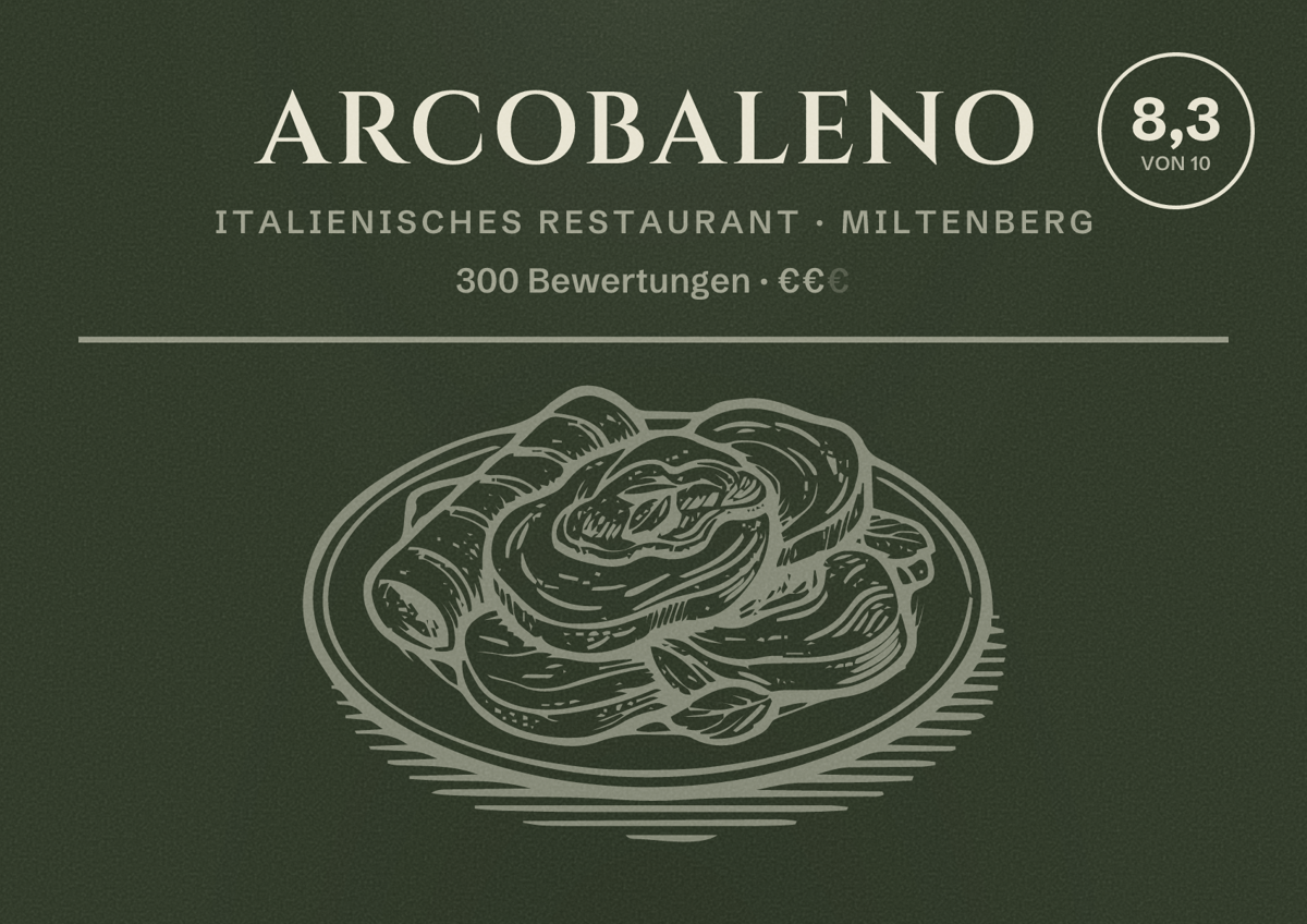 Illustriertes Poster von Arcobaleno, Italienisches Restaurant in Miltenberg: Bewertung 8,3 von 10 aus 300 Bewertungen, Preisniveau €€