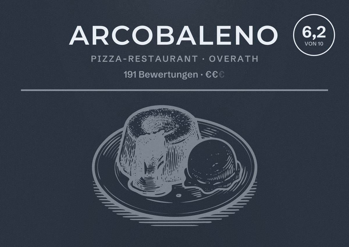 Illustriertes Poster von Arcobaleno, Pizza-Restaurant in Overath: Bewertung 6,2 von 10 aus 191 Bewertungen, Preisniveau €€