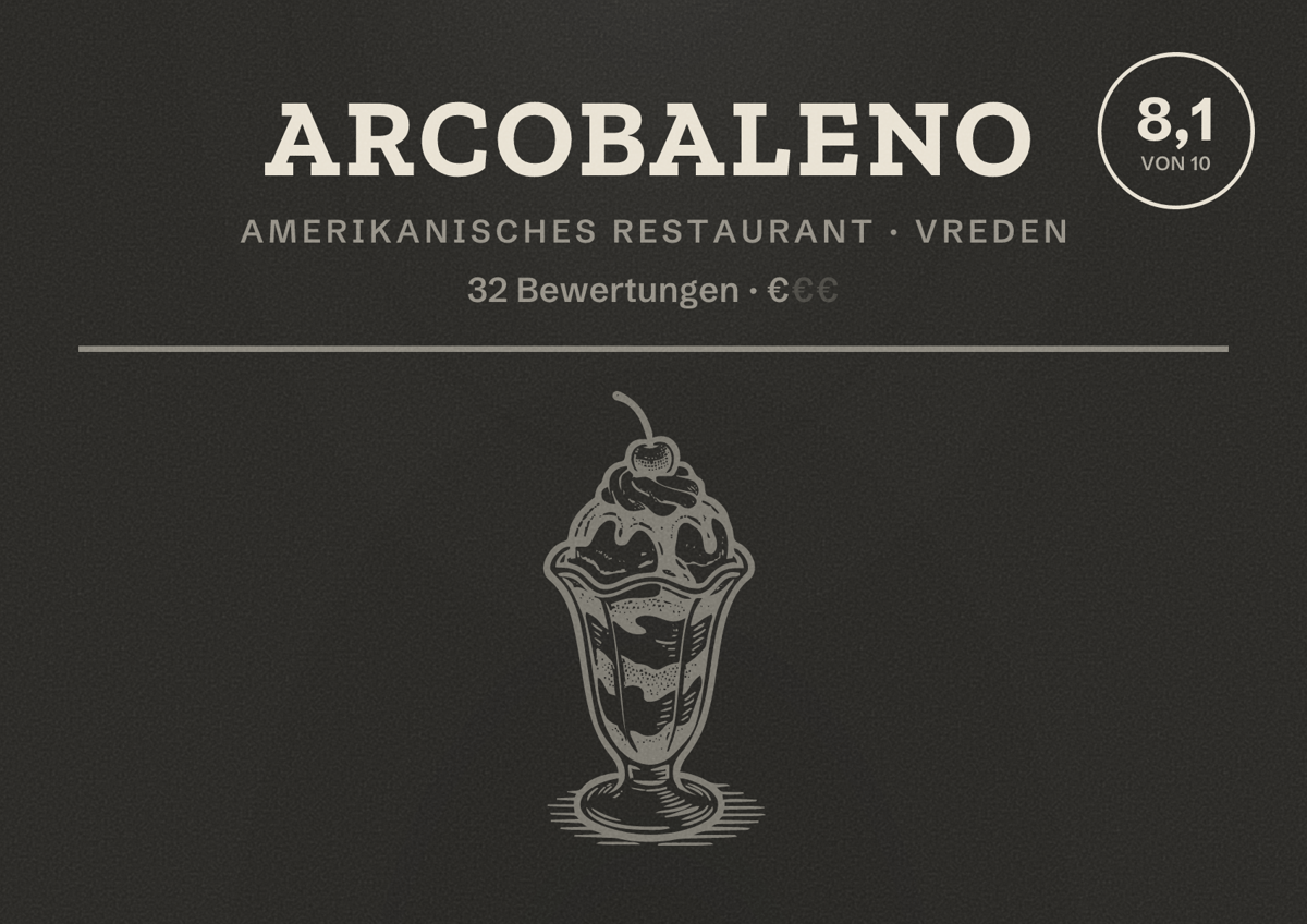 Illustriertes Poster von ARCOBALENO, Amerikanisches Restaurant in Vreden: Bewertung 8,1 von 10 aus 32 Bewertungen, Preisniveau €