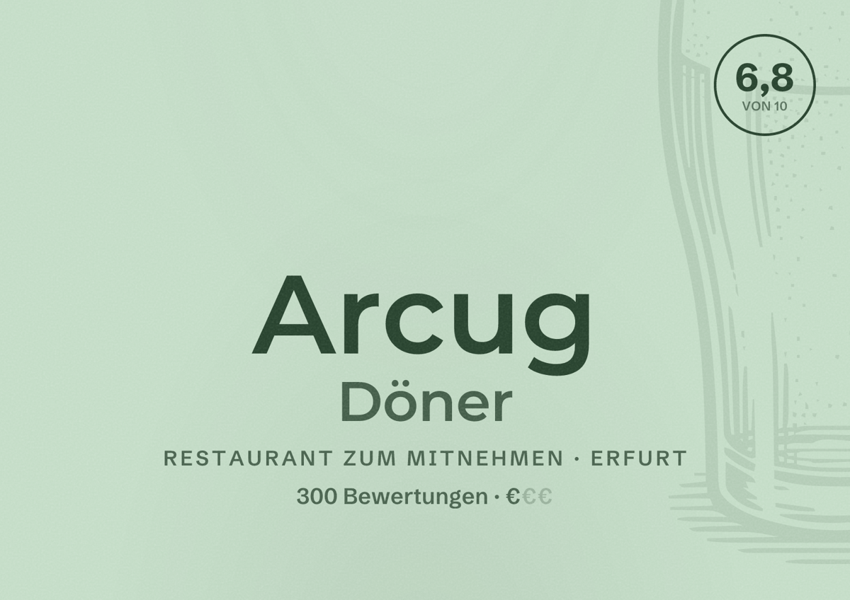 Illustriertes Poster von Arcug Döner, Restaurant zum Mitnehmen in Erfurt: Bewertung 6,8 von 10 aus 300 Bewertungen, Preisniveau €
