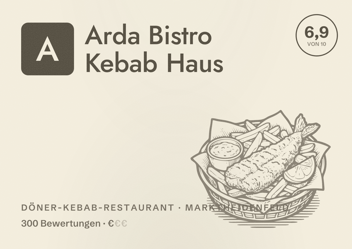 Illustriertes Poster von Arda Bistro Kebab Haus, Döner-Kebab-Restaurant in Marktheidenfeld: Bewertung 6,9 von 10 aus 300 Bewertungen, Preisniveau €