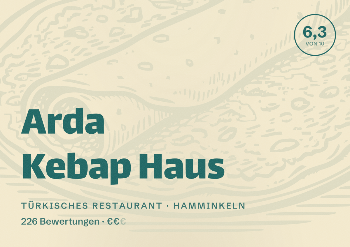 Illustriertes Poster von Arda Kebap Haus, Türkisches Restaurant in Hamminkeln: Bewertung 6,3 von 10 aus 226 Bewertungen, Preisniveau €€