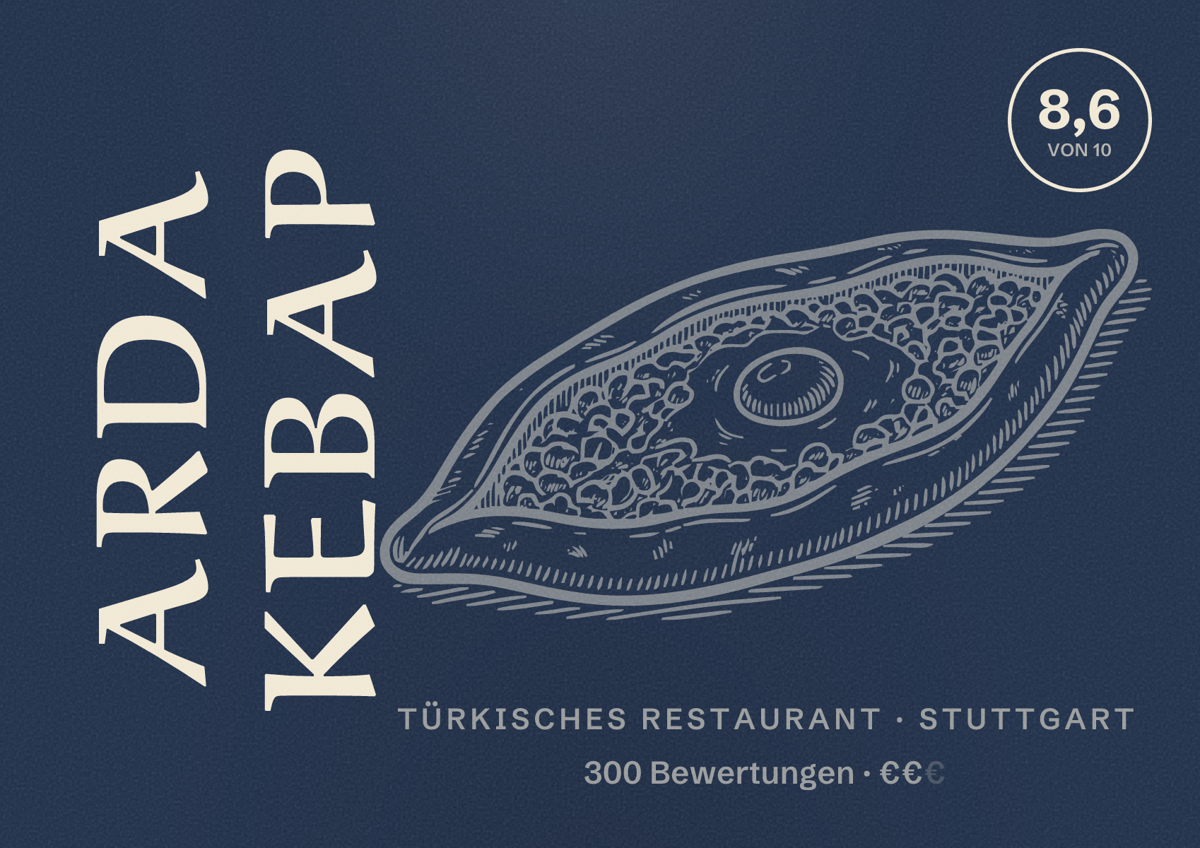 Illustriertes Poster von Arda Kebap, Türkisches Restaurant in Stuttgart: Bewertung 8,6 von 10 aus 300 Bewertungen, Preisniveau €€