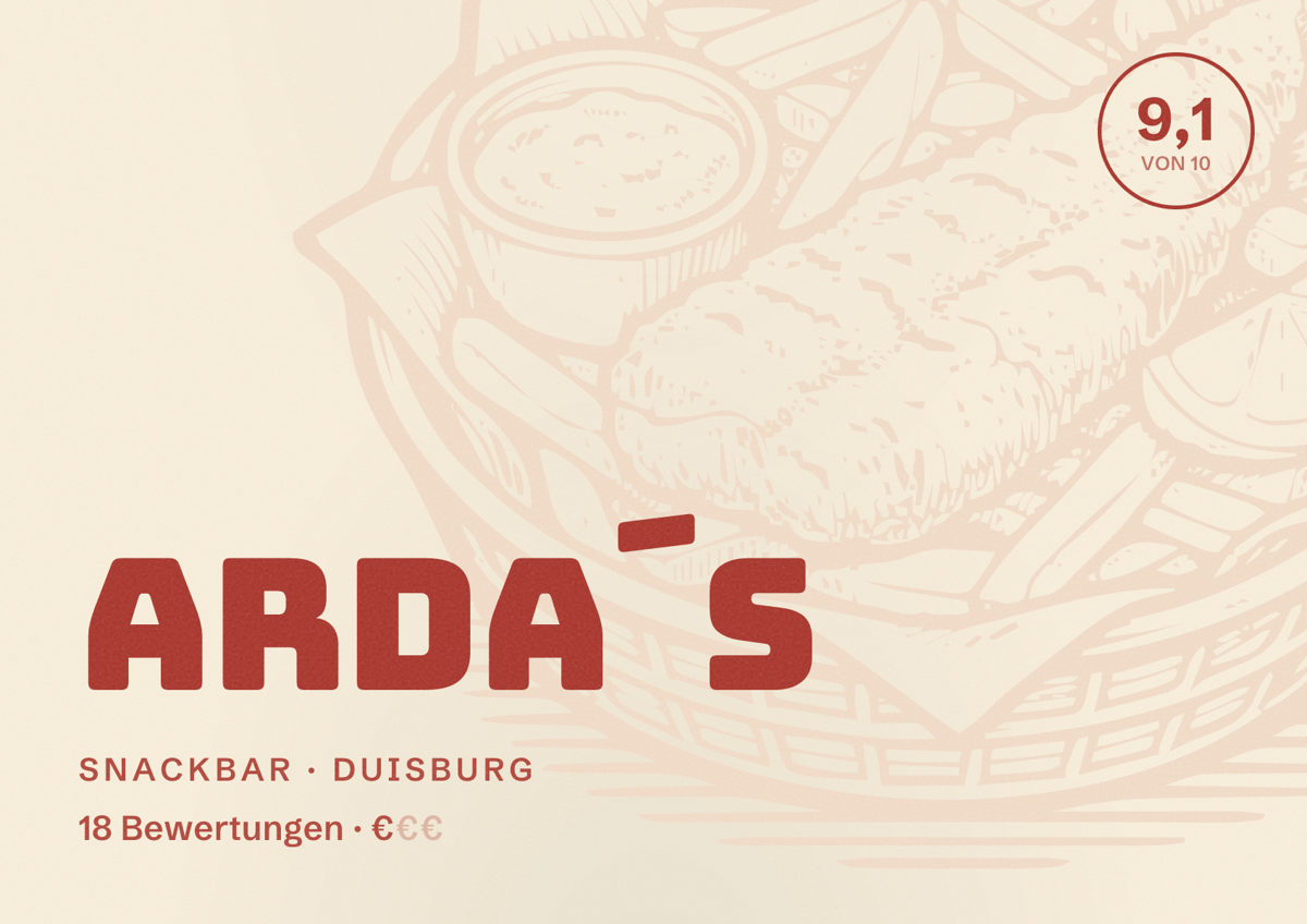 Illustriertes Poster von Arda´s, Snackbar in Duisburg: Gästebewertung 9,1 von 10 aus 18 Bewertungen