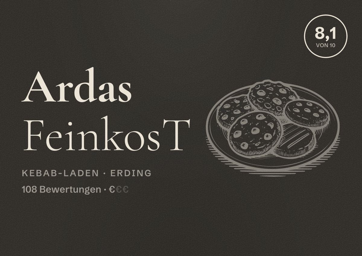 Illustriertes Poster von Ardas FeinkosT, Kebab-Laden in Erding: Bewertung 8,1 von 10 aus 108 Bewertungen, Preisniveau €