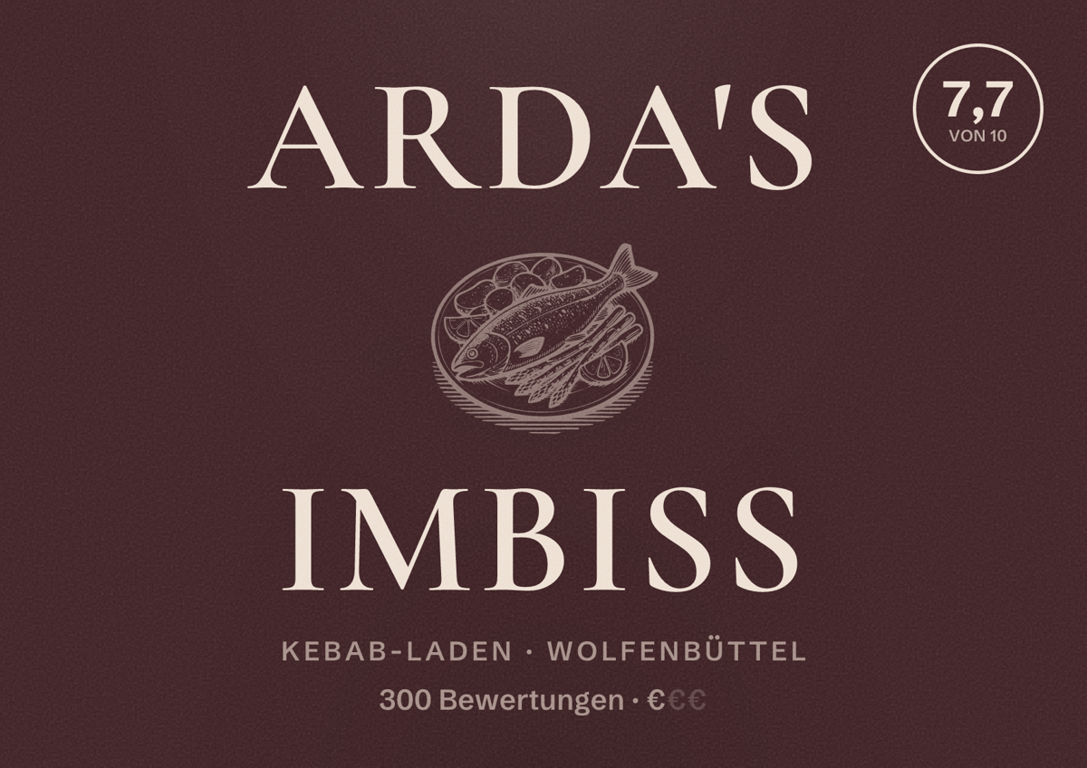 Illustriertes Poster von Arda's Imbiss, Kebab-Laden in Wolfenbüttel: Bewertung 7,7 von 10 aus 300 Bewertungen, Preisniveau €