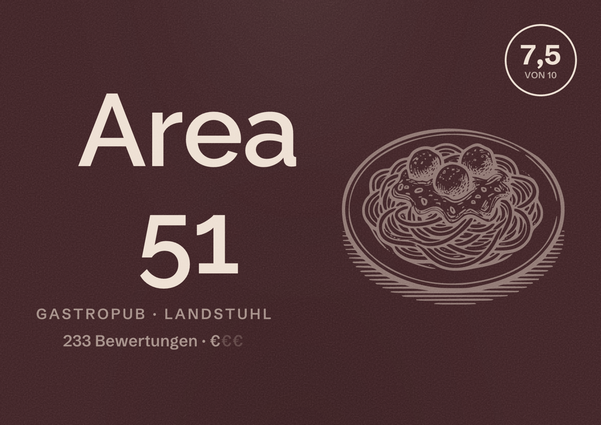 Illustriertes Poster von Area 51, Gastropub in Landstuhl: Bewertung 7,5 von 10 aus 233 Bewertungen, Preisniveau €