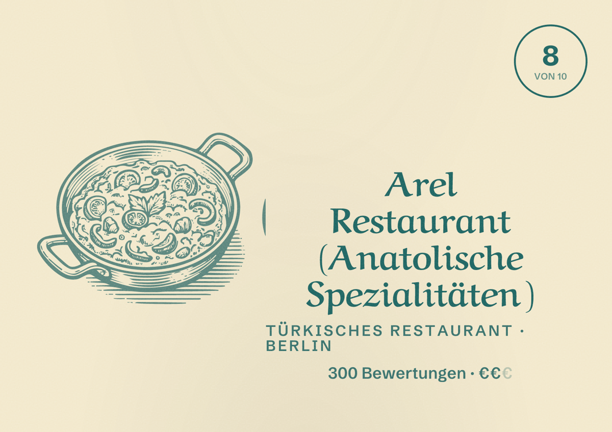 Illustriertes Poster von Arel Restaurant (Anatolische Spezialitäten ), Türkisches Restaurant in Berlin: Bewertung 8,0 von 10 aus 300 Bewertungen, Preisniveau €€