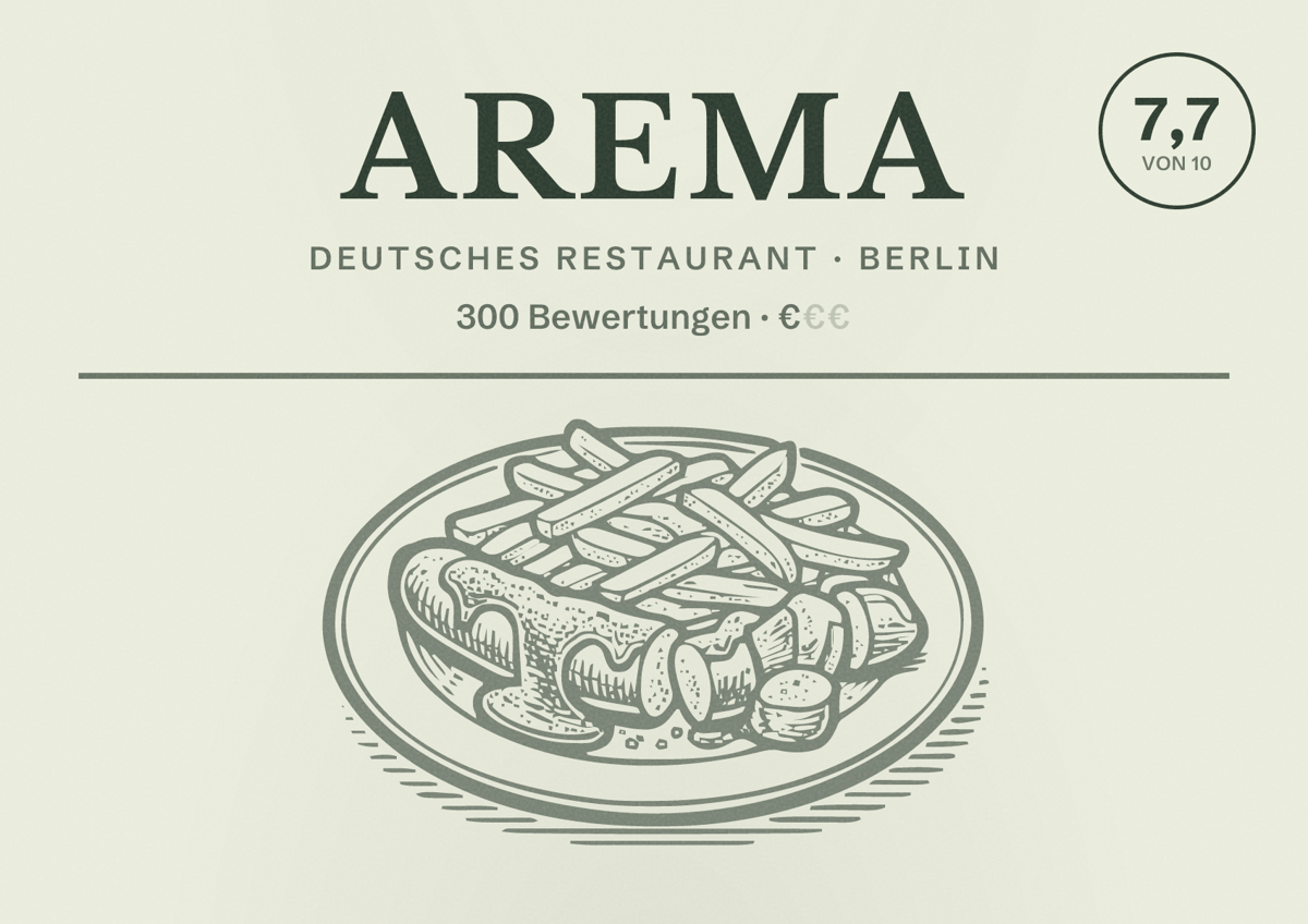 Illustriertes Poster von Arema, Deutsches Restaurant in Berlin: Bewertung 7,7 von 10 aus 300 Bewertungen, Preisniveau €