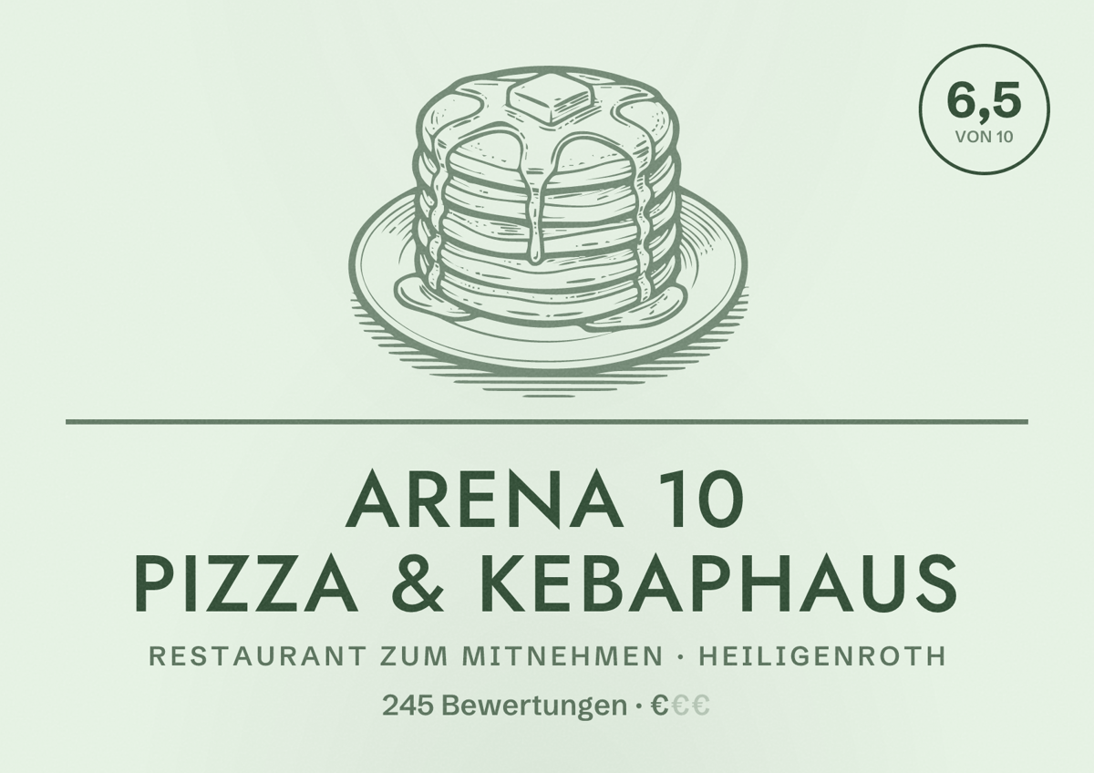 Illustriertes Poster von Arena 10 Pizza & Kebaphaus, Restaurant zum Mitnehmen in Heiligenroth: Bewertung 6,5 von 10 aus 245 Bewertungen, Preisniveau €
