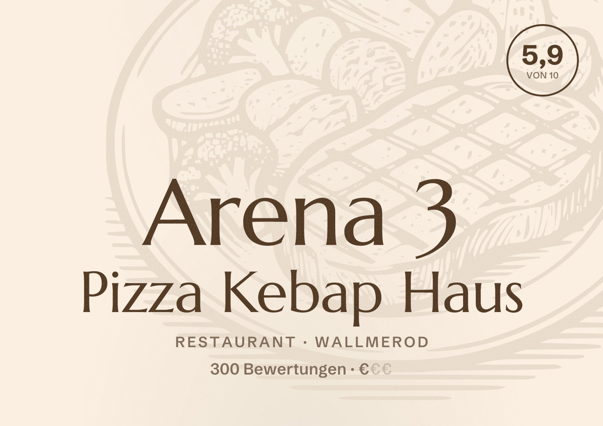 Illustriertes Poster von Arena 3 Pizza Kebap Haus, Restaurant in Wallmerod: Bewertung 5,9 von 10 aus 300 Bewertungen, Preisniveau €
