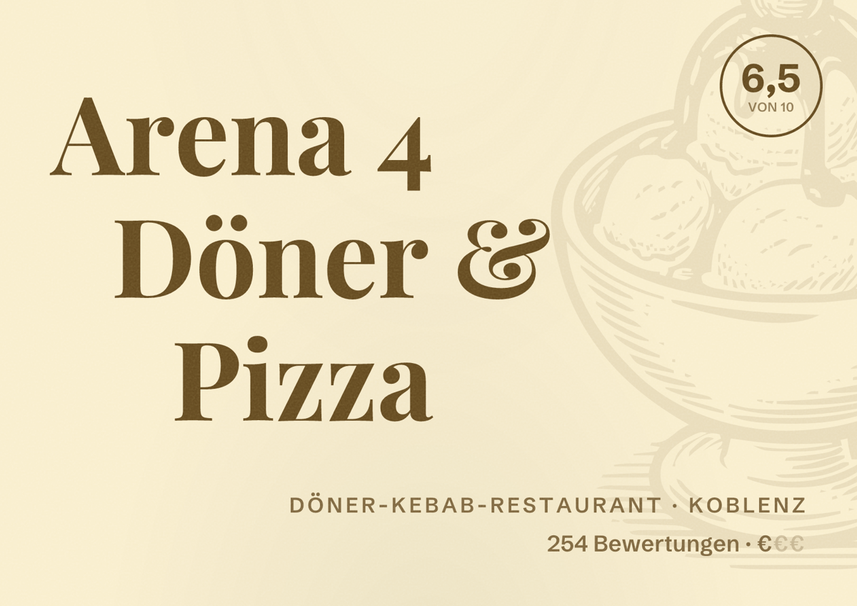 Illustriertes Poster von Arena 4 Döner & Pizza, Döner-Kebab-Restaurant in Koblenz: Bewertung 6,5 von 10 aus 254 Bewertungen, Preisniveau €