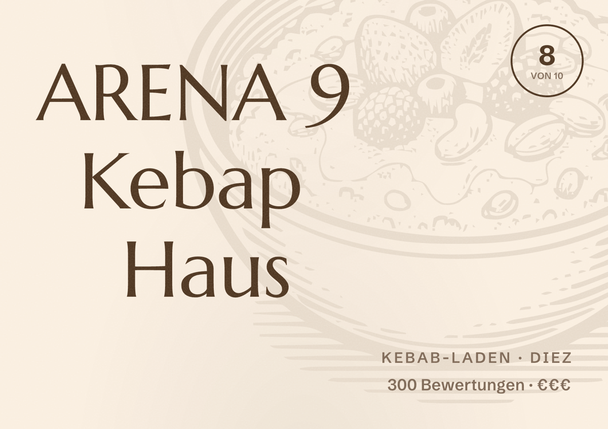 Illustriertes Poster von ARENA 9 Kebap Haus, Kebab-Laden in Diez: Bewertung 8 von 10 aus 300 Bewertungen, Preisniveau €€€