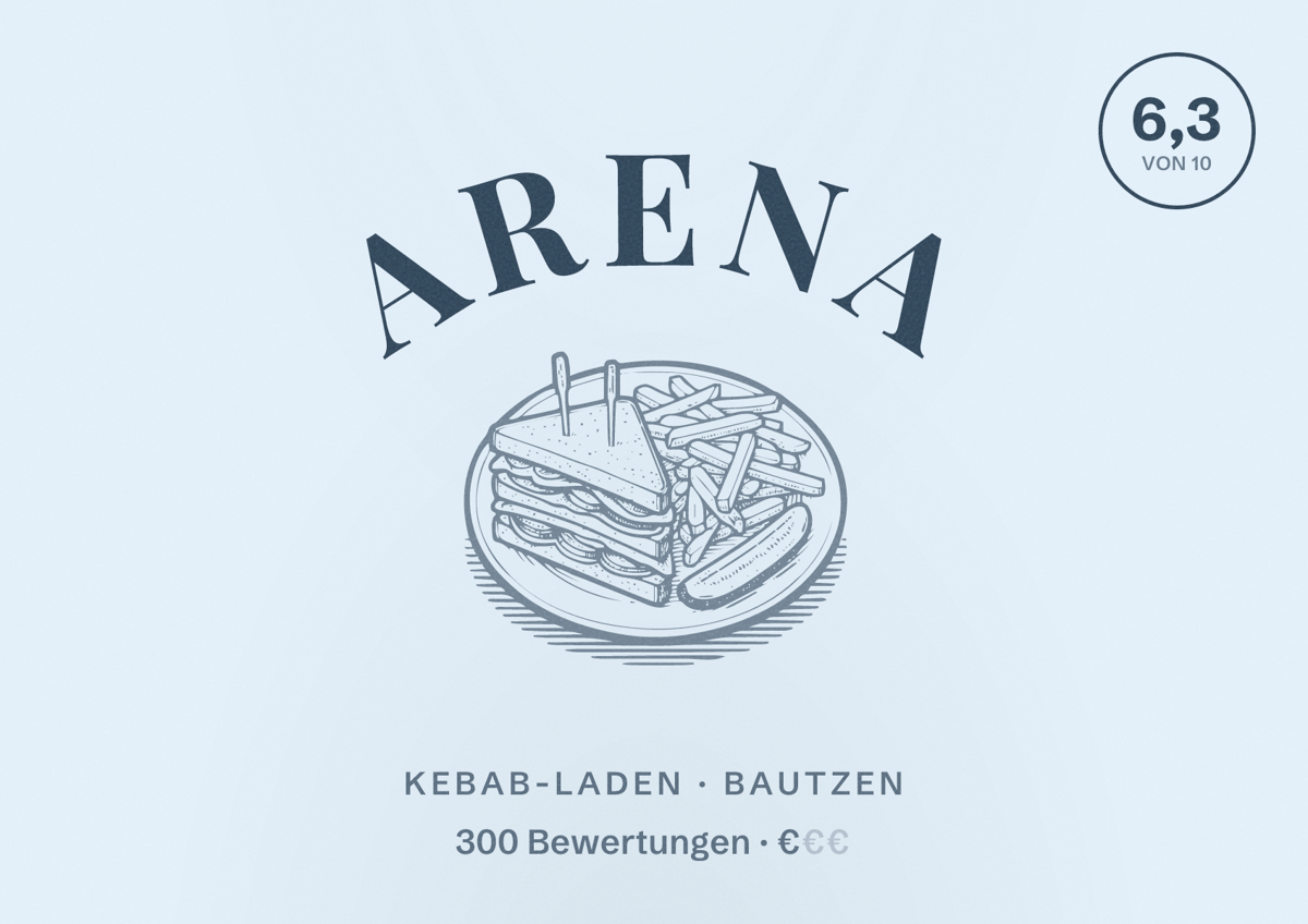 Illustriertes Poster von Arena, Kebab-Laden in Bautzen: Bewertung 6,3 von 10 aus 300 Bewertungen, Preisniveau €