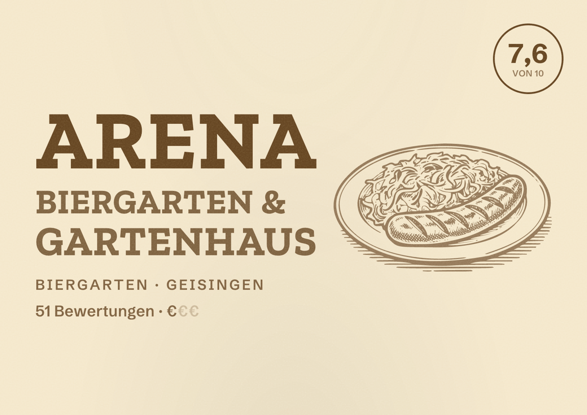Illustriertes Poster von arena biergarten & gartenhaus, Biergarten in Geisingen: Bewertung 7,6 von 10 aus 51 Bewertungen, Preisniveau €