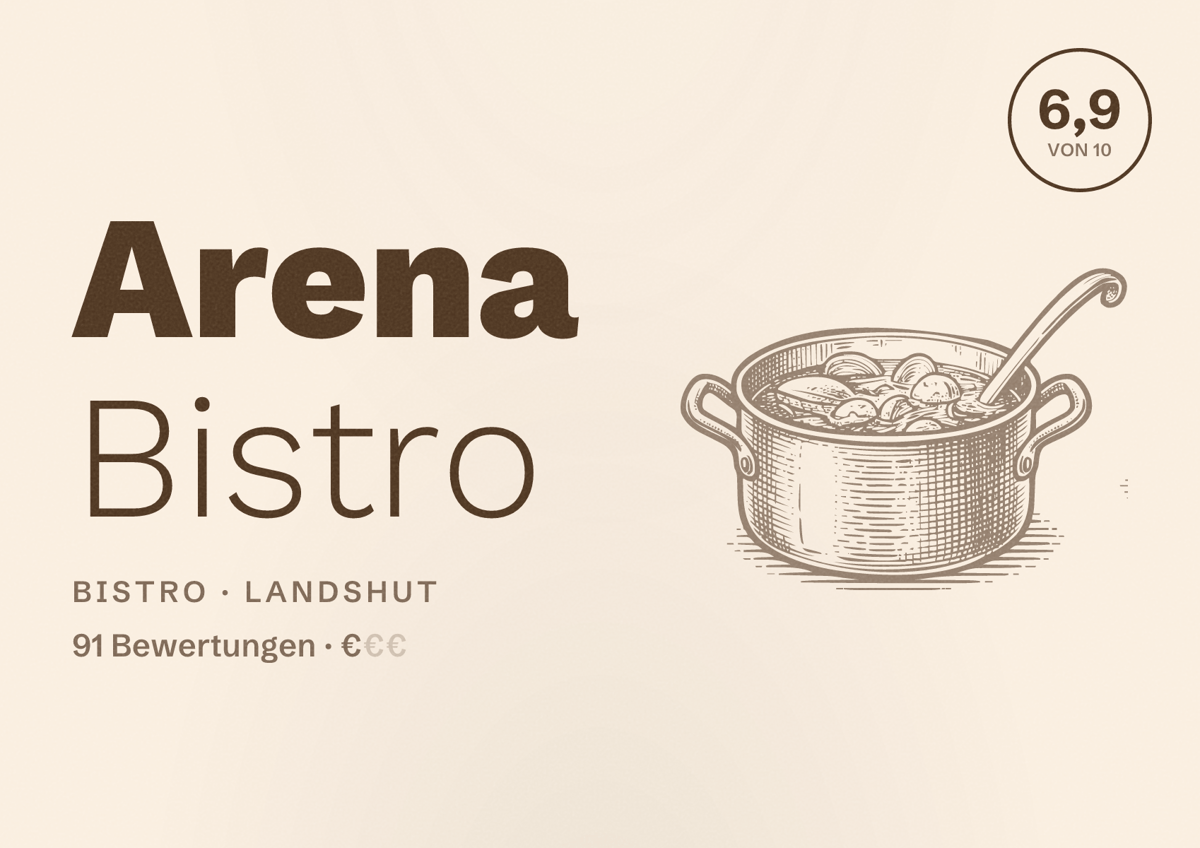 Illustriertes Poster von Arena Bistro, Bistro in Landshut: Bewertung 6,9 von 10 aus 91 Bewertungen, Preisniveau €