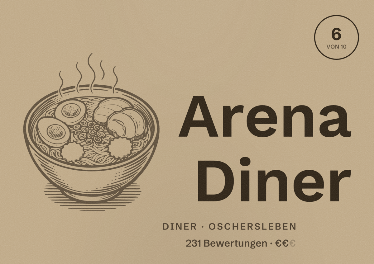 Illustriertes Poster von Arena Diner, Diner in Oschersleben: Bewertung 6 von 10 aus 231 Bewertungen, Preisniveau €€