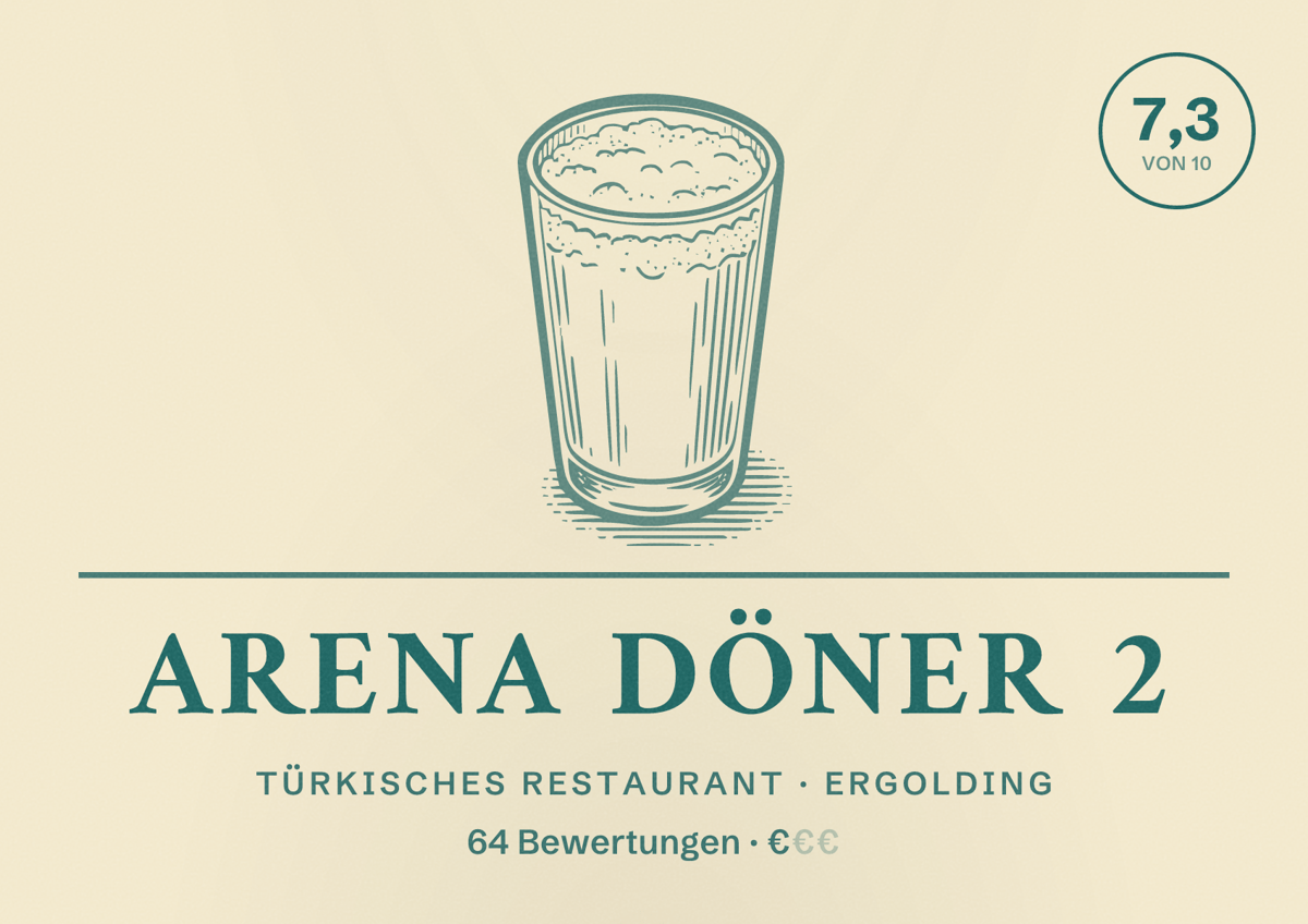 Illustriertes Poster von Arena Döner 2, Türkisches Restaurant in Ergolding: Bewertung 7,3 von 10 aus 64 Bewertungen, Preisniveau €