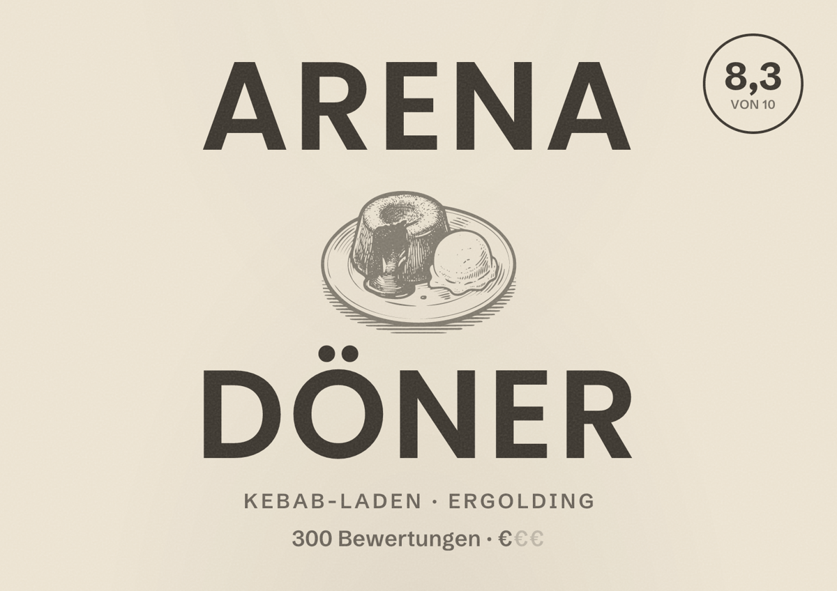 Illustriertes Poster von Arena Döner, Kebab-Laden in Ergolding: Bewertung 8,3 von 10 aus 300 Bewertungen, Preisniveau €