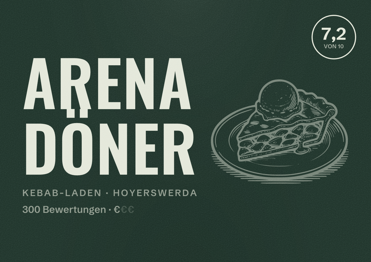 Illustriertes Poster von ARENA DÖNER, Kebab-Laden in Hoyerswerda: Bewertung 7,2 von 10 aus 300 Bewertungen, Preisniveau €