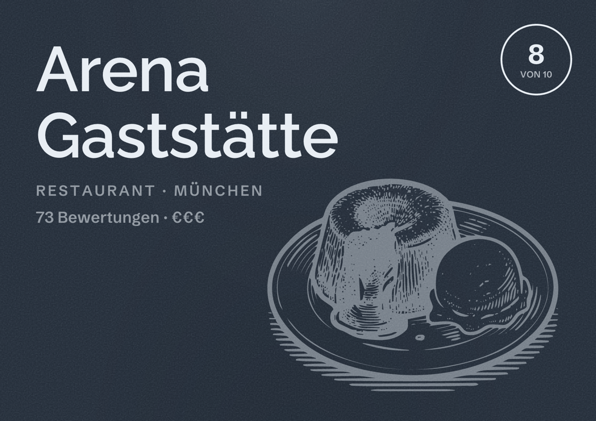 Illustriertes Poster von Arena Gaststätte, Restaurant in München: Bewertung 8 von 10 aus 73 Bewertungen, Preisniveau €€€