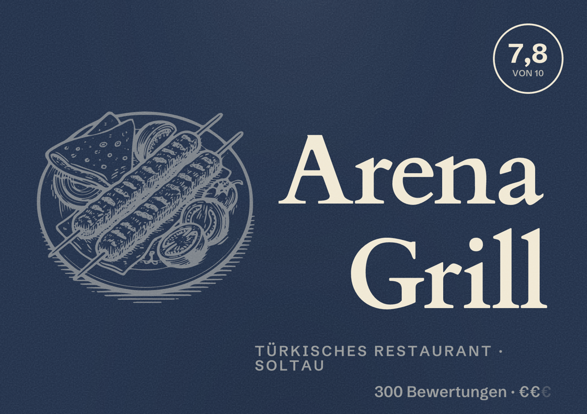 Illustriertes Poster von Arena Grill, Türkisches Restaurant in Soltau: Bewertung 7,8 von 10 aus 300 Bewertungen, Preisniveau €€