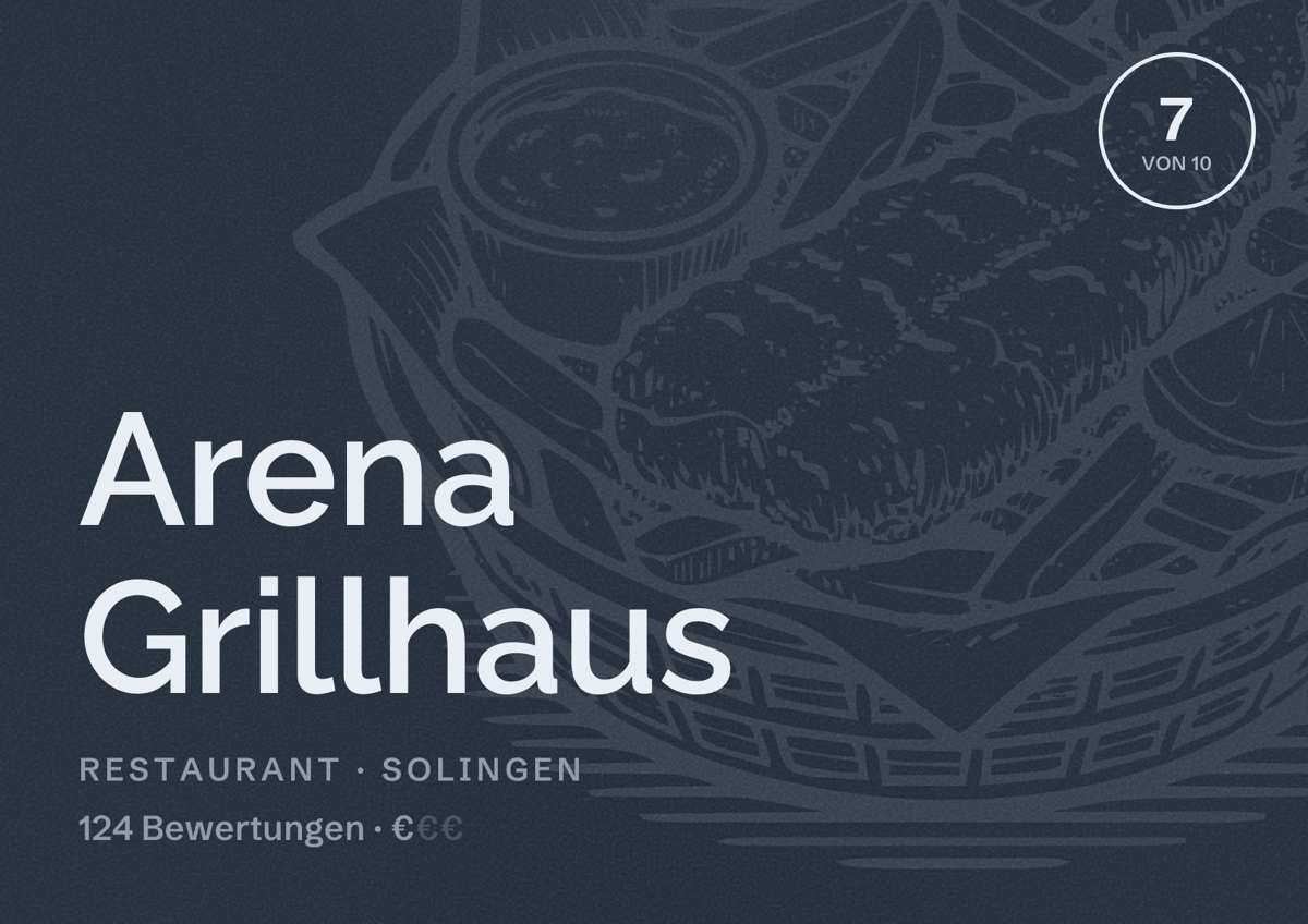 Illustriertes Poster von Arena Grillhaus, Restaurant in Solingen: Bewertung 7 von 10 aus 124 Bewertungen, Preisniveau €