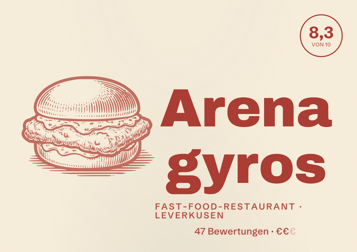 Illustriertes Poster von Arena gyros, Fast-Food-Restaurant in Leverkusen: Bewertung 8,3 von 10 aus 47 Bewertungen, Preisniveau €€