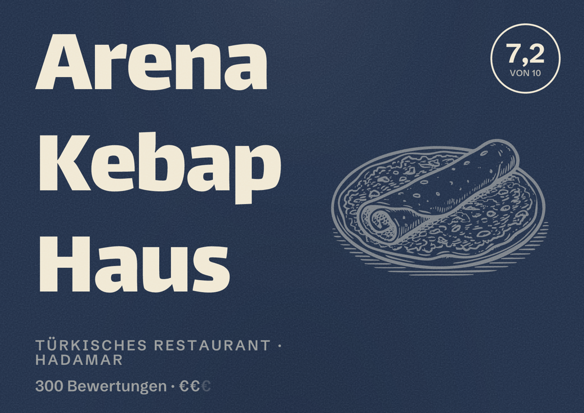 Illustriertes Poster von Arena Kebap Haus, Türkisches Restaurant in Hadamar: Bewertung 7,2 von 10 aus 300 Bewertungen, Preisniveau €€