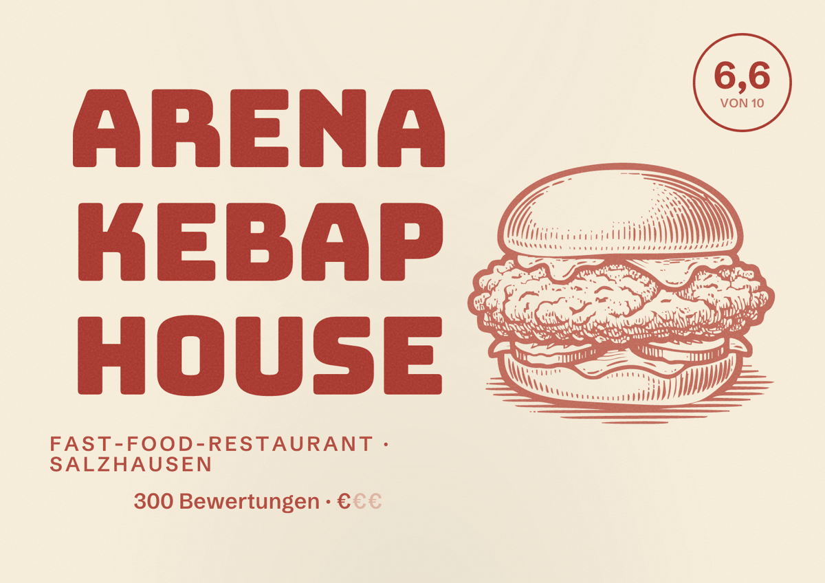 Illustriertes Poster von Arena Kebap House, Fast-Food-Restaurant in Salzhausen: Bewertung 6,6 von 10 aus 300 Bewertungen, Preisniveau €