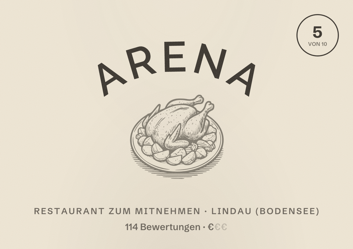 Illustriertes Poster von Arena, Restaurant zum Mitnehmen in Lindau (Bodensee): Bewertung 5 von 10 aus 114 Bewertungen, Preisniveau €