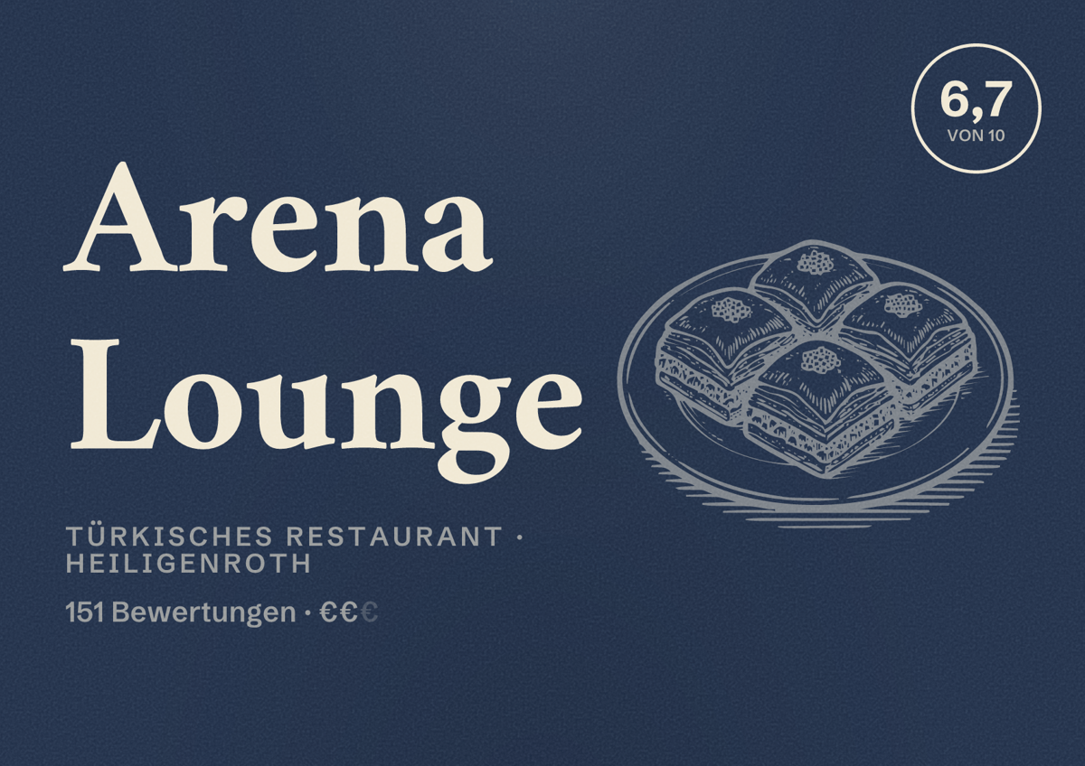 Illustriertes Poster von Arena Lounge, Türkisches Restaurant in Heiligenroth: Bewertung 6,7 von 10 aus 151 Bewertungen, Preisniveau €€