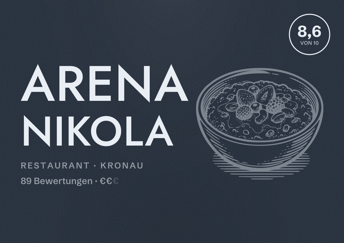 Illustriertes Poster von Arena Nikola, Restaurant in Kronau: Bewertung 8,6 von 10 aus 89 Bewertungen, Preisniveau €€