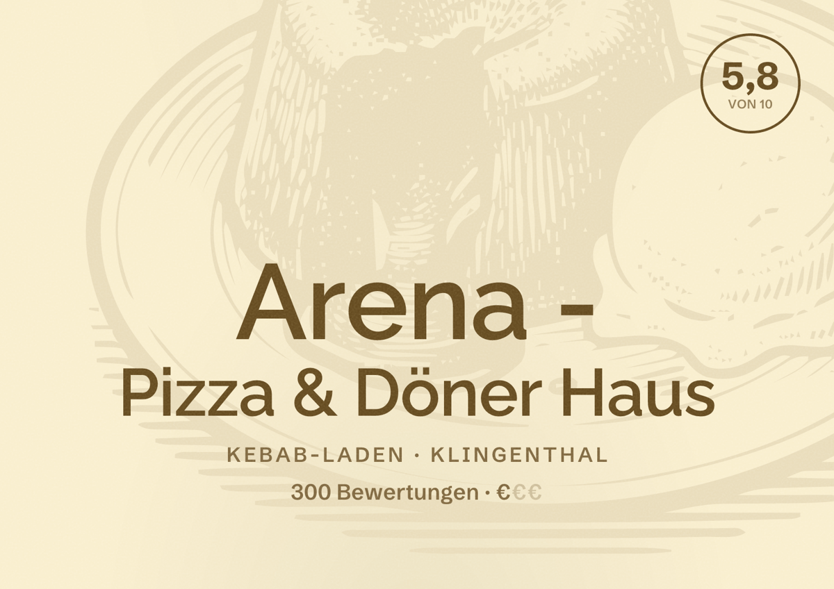 Illustriertes Poster von Arena - Pizza & Döner Haus, Kebab-Laden in Klingenthal: Bewertung 5,8 von 10 aus 300 Bewertungen, Preisniveau €