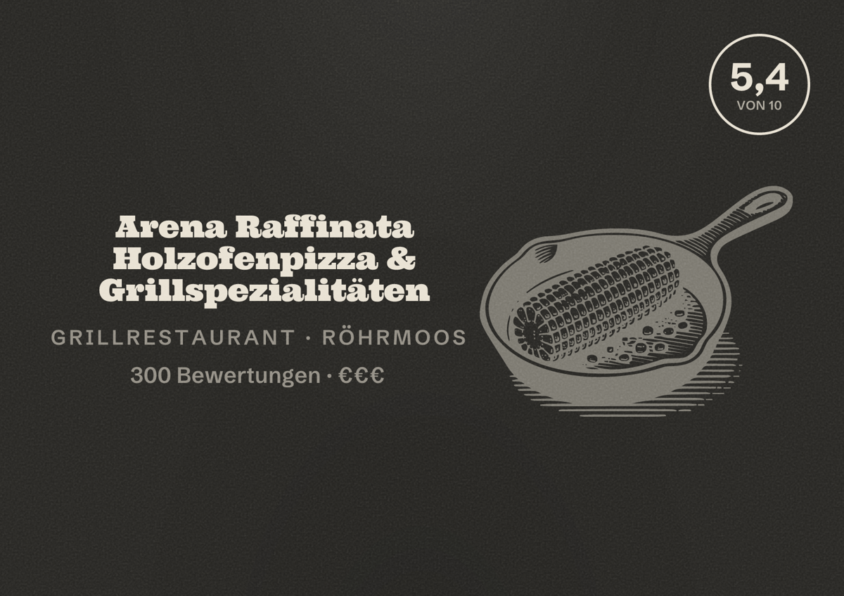 Illustriertes Poster von Arena Raffinata Holzofenpizza & Grillspezialitäten, Grillrestaurant in Röhrmoos: Bewertung 5,4 von 10 aus 300 Bewertungen, Preisniveau €€€
