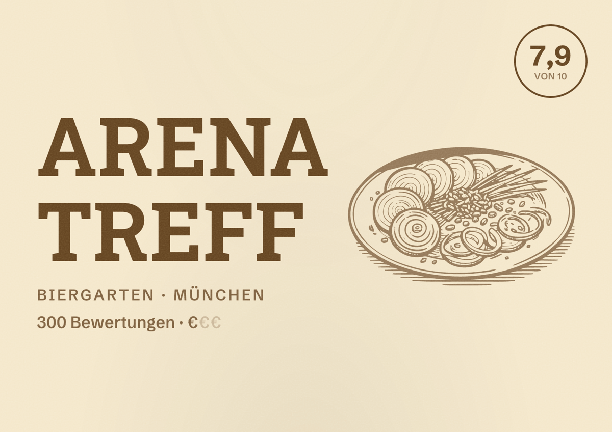 Illustriertes Poster von Arena Treff, Biergarten in München: Bewertung 7,9 von 10 aus 300 Bewertungen, Preisniveau €