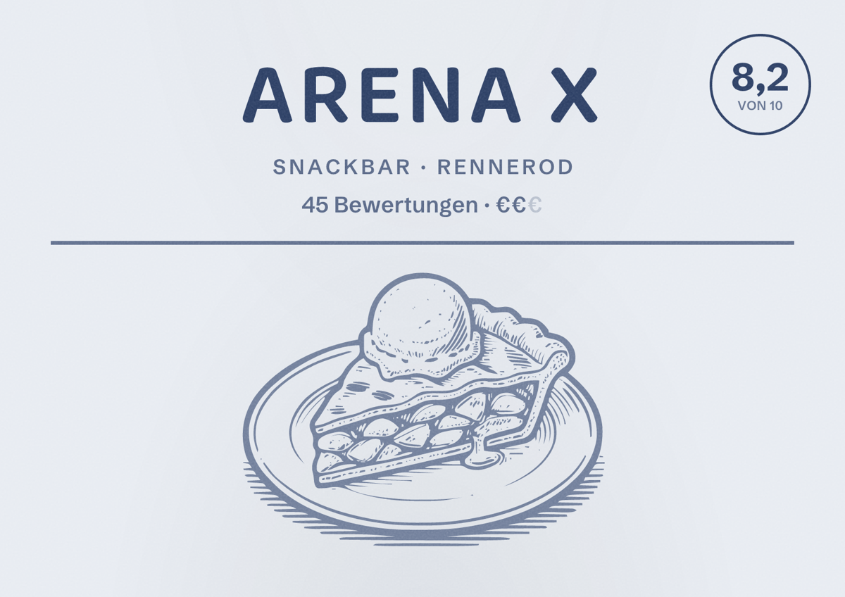Illustriertes Poster von Arena X, Snackbar in Rennerod: Bewertung 8,2 von 10 aus 45 Bewertungen, Preisniveau €€