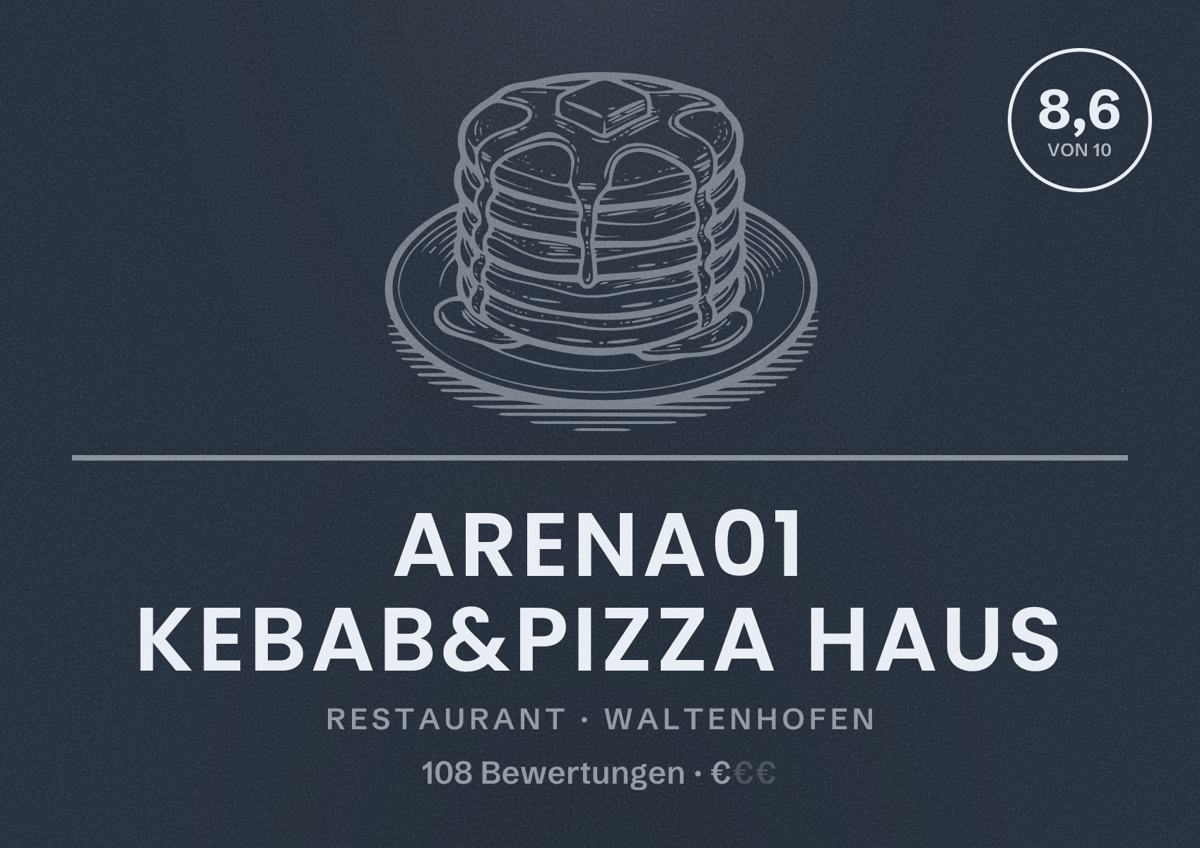 Illustriertes Poster von Arena01 Kebab&Pizza Haus, Restaurant in Waltenhofen: Bewertung 8,6 von 10 aus 108 Bewertungen, Preisniveau €