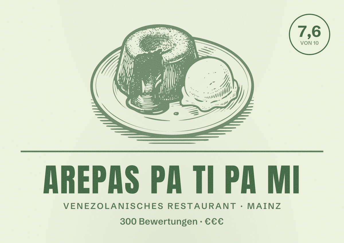 Illustriertes Poster von Arepas Pa ti Pa mi, Venezolanisches Restaurant in Mainz: Bewertung 7,6 von 10 aus 300 Bewertungen, Preisniveau €€€