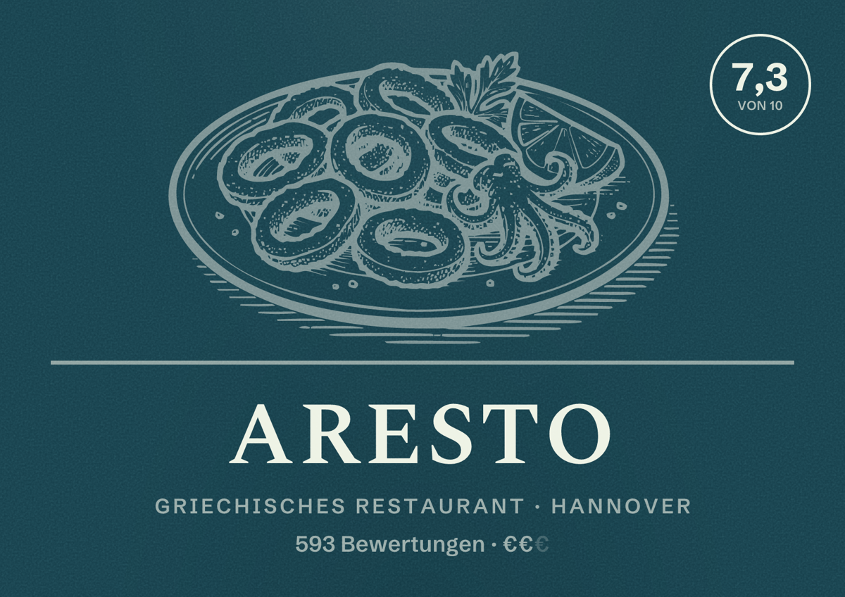 Illustriertes Poster von Aresto, Griechisches Restaurant in Hannover: Bewertung 7,3 von 10 aus 593 Bewertungen, Preisniveau €€