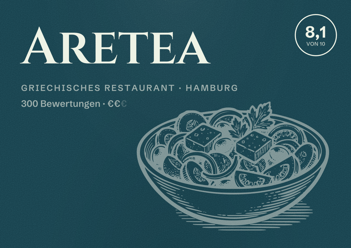Illustriertes Poster von Aretea, Griechisches Restaurant in Hamburg: Bewertung 8,1 von 10 aus 300 Bewertungen, Preisniveau €€