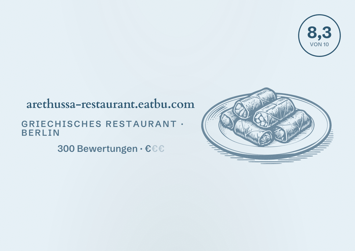 Illustriertes Poster von arethussa-restaurant.eatbu.com, Griechisches Restaurant in Berlin: Bewertung 8,3 von 10 aus 300 Bewertungen, Preisniveau €