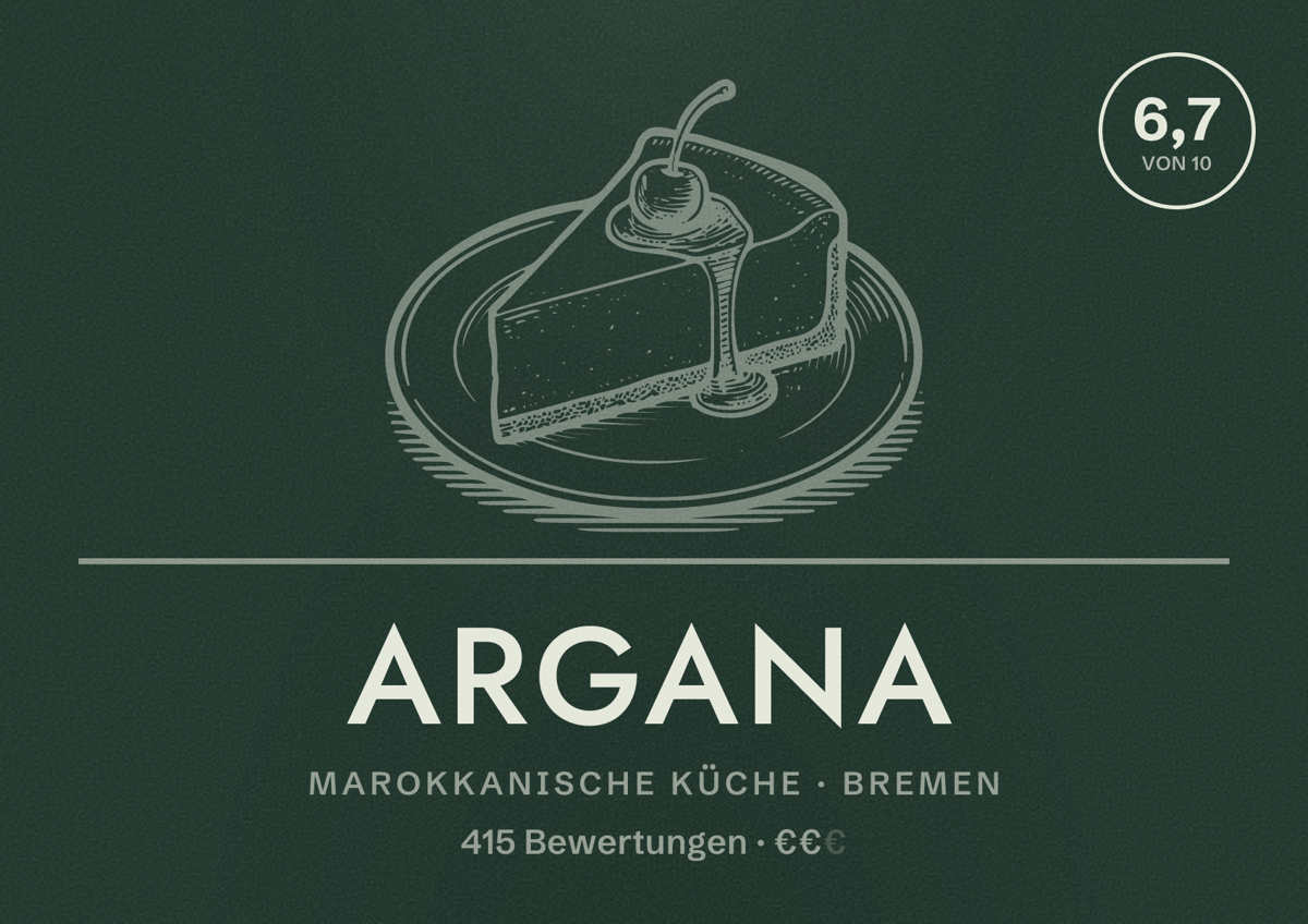 Illustriertes Poster von Argana, Marokkanische Küche in Bremen: Bewertung 6,7 von 10 aus 415 Bewertungen, Preisniveau €€